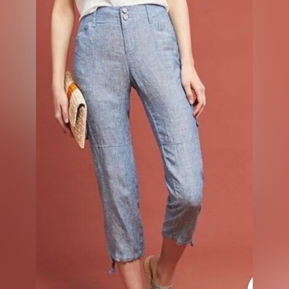 Sanctuary X Anthropologie 100% Linen Chambray Cargo Jogger Pants Blue Waist 30 M